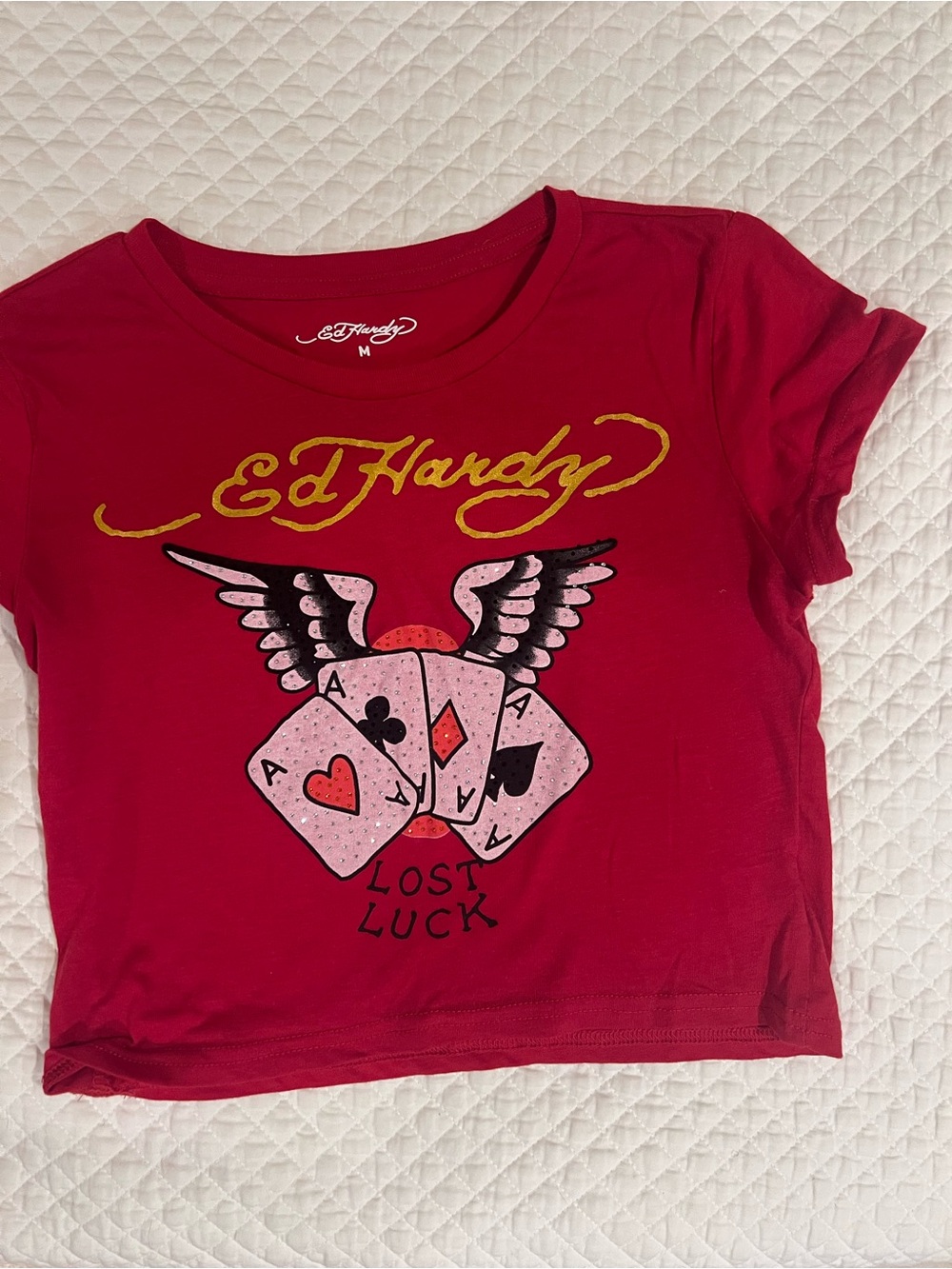 Ed Hardy Red Graphic Crop Top with Winged Cards